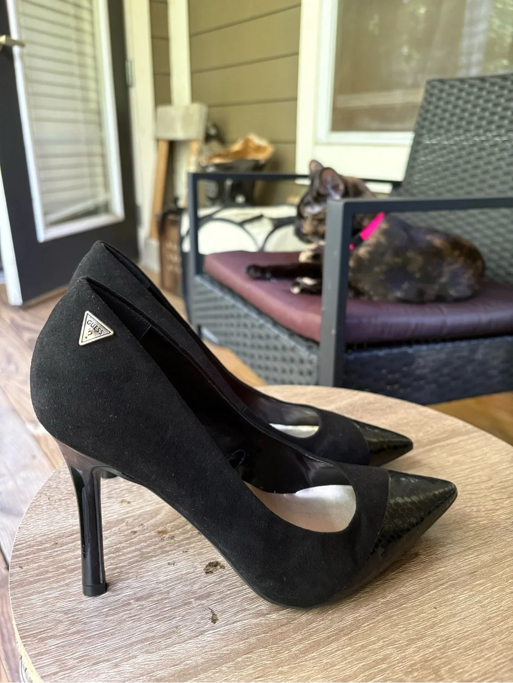Guess Black Suede and Patent Pointed-Toe Stilettos